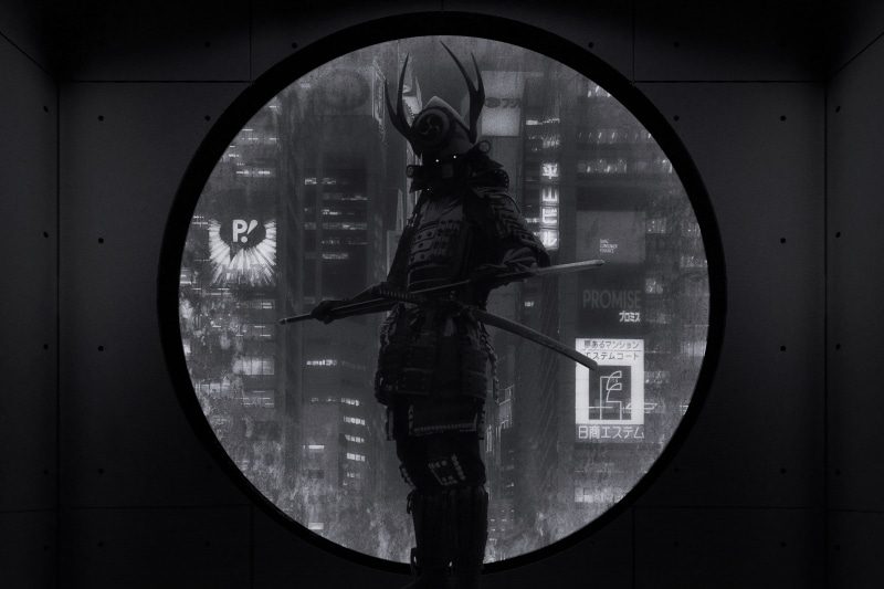 indoors, window, urban, transparent, samurai, standing, leisure activity, rain, photomontage, futuristic, fantasy, side view, japan, one person, lifestyles