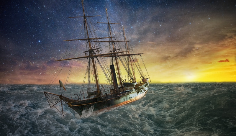 transportation, force of nature, ship, water, sailboat, scenics - nature, no people, outdoors, mode of transportation, sea, photomontage, forward, storm