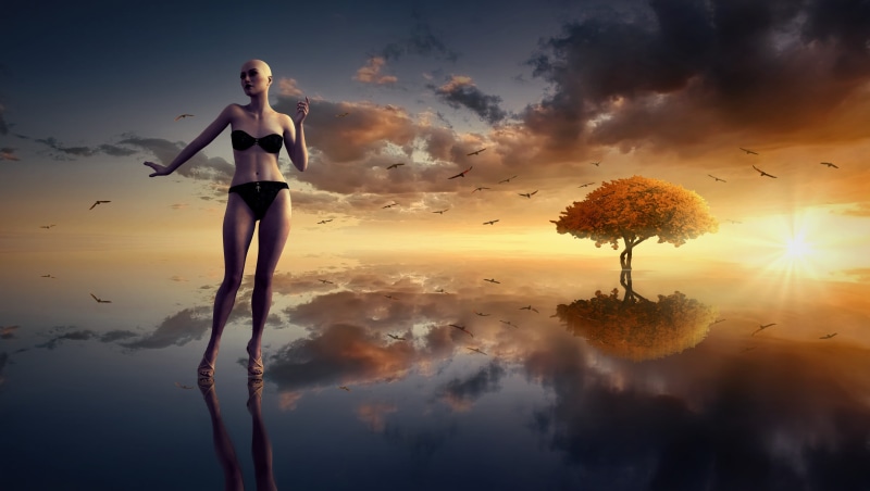 mood, nature, magic, young women, full length, standing, sky, magical, mystical, photomontage, beautiful woman, beauty in nature, digital composite, reflection