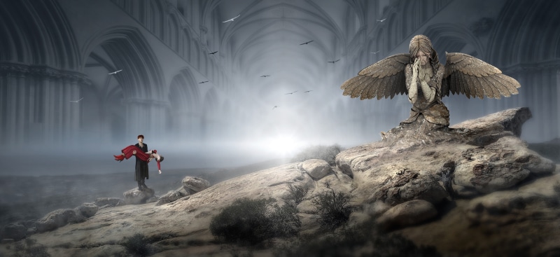 mysterious, mourning, protection, sunbeam, man, 5K, angel, atmospheric, mystical, photomontage, rock, emotion, belief, hope, ethereal, standing, light