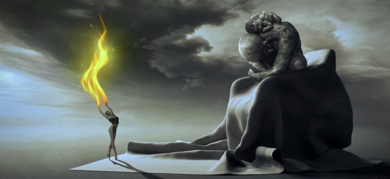 surreal, dancer, 5K, fire, outdoors, women, girl, digital composite, human representation, flame, sky, composing, nature, art and craft, mystical, sculpture