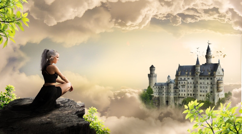 magic, women, hairstyle, young adult, clothing, cloud - sky, building, fantasy, tale, building exterior, mystical, castle, mood, woman, full length, young women