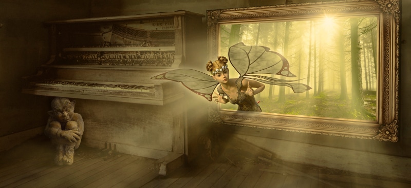 photomontage, 5K, females, art and craft, history, males, space, dream, fairy tales, offspring, the past, scene, mysterious, elf, image, piano, adult