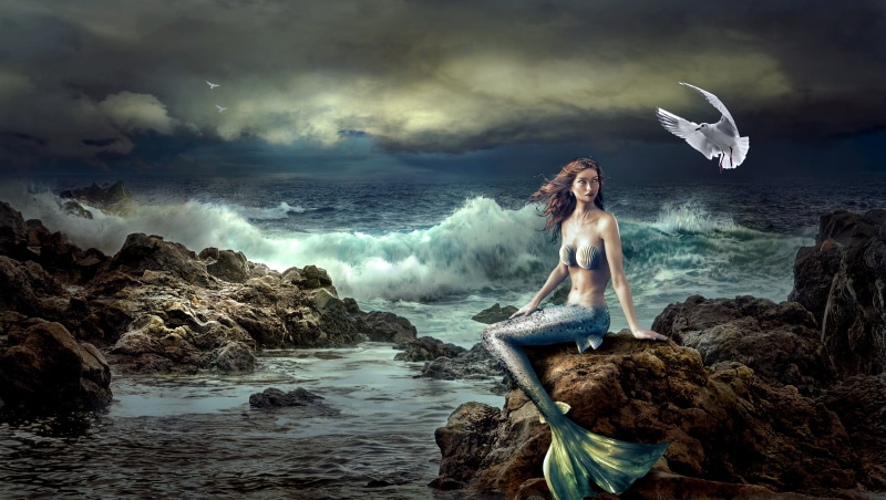 beach, 4K, beautiful, atmosphere, beautiful woman, beauty in nature, cloud - sky, motion, mermaid, rock - object, surf, sea, sky, painting, ray of hope