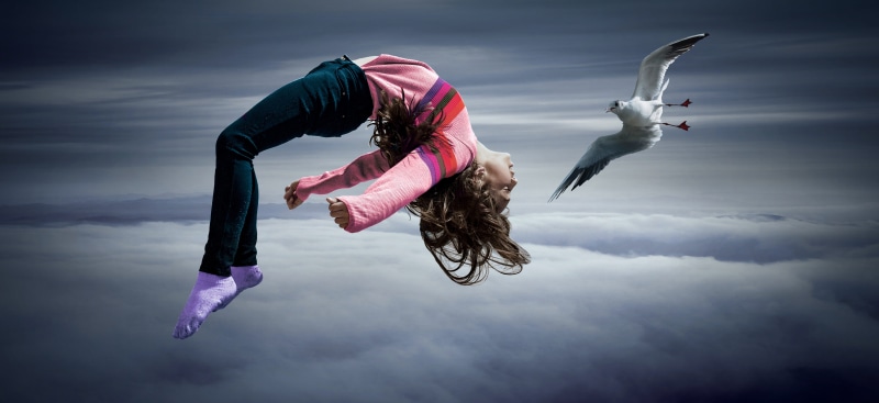 bird, scene, girl, nature, magical, composing, light, full length, human arm, weightless, air, outdoors, flying, jumping, skill, mystical, adult, magic