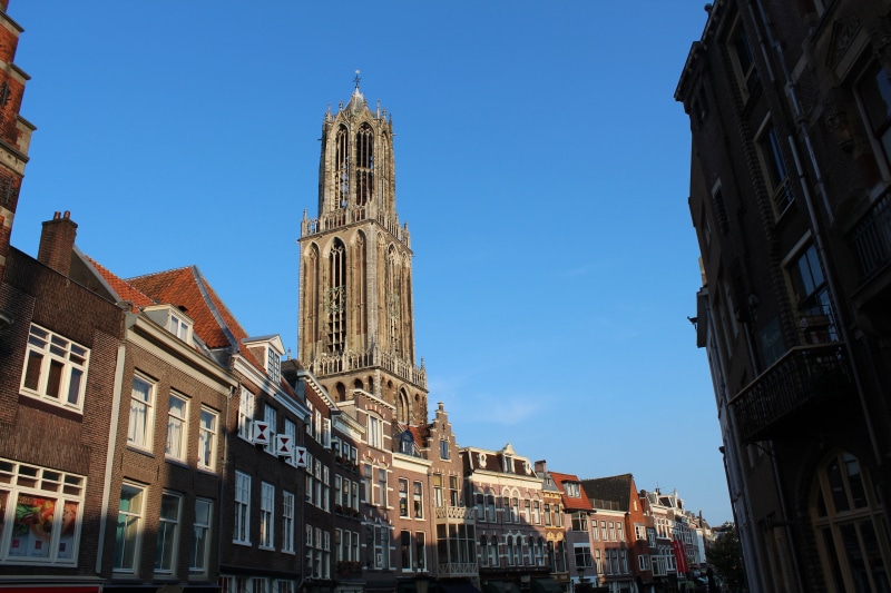 day, the past, nature, tower, built structure, angle, belief, window, outdoors, netherlands, spirituality, clear sky, utrecht, architecture, low angle view