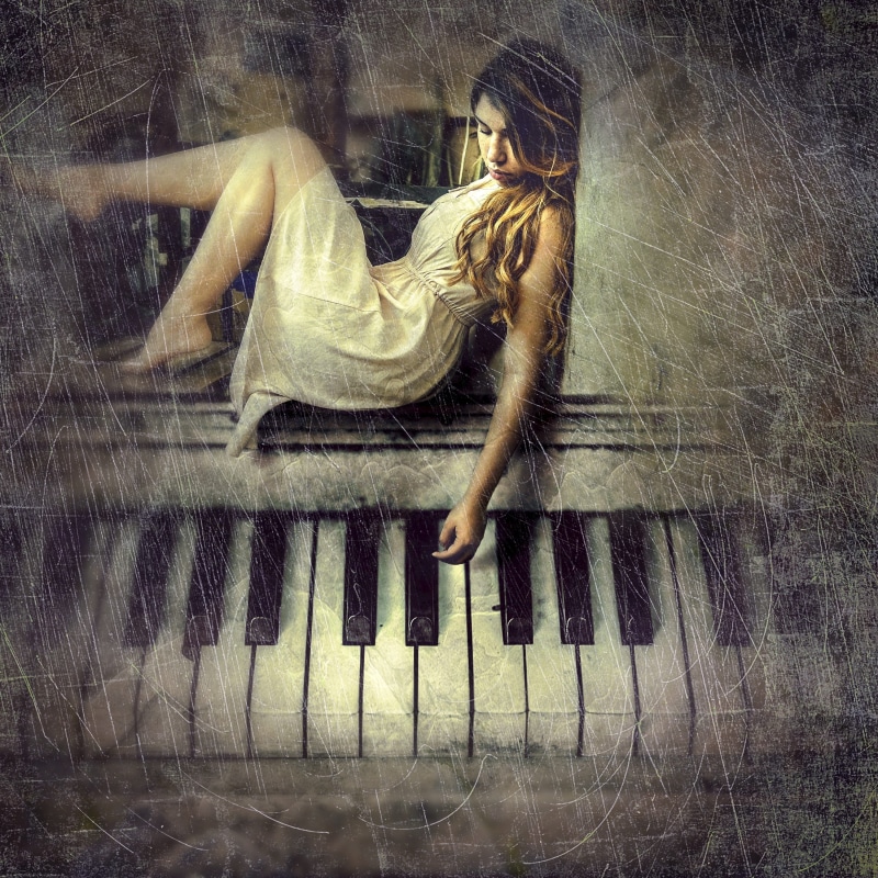 romantic, piano, beautiful woman, atmosphere, cd cover, light, photo montage, adult, person, bizarre, cover, one person, women, cd, mood, textured effect