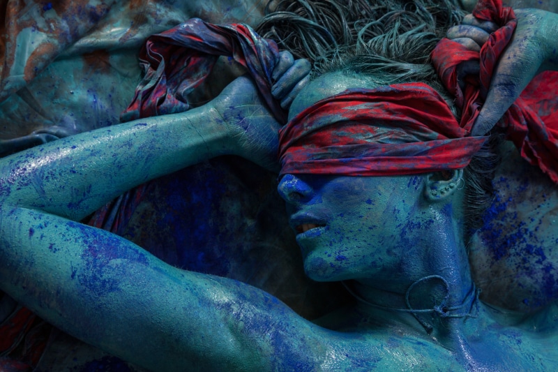 sculpture, relaxation, body paint, backgrounds, day, human representation, women, representation, piercing, religion, close-up, blindfold, multi colored