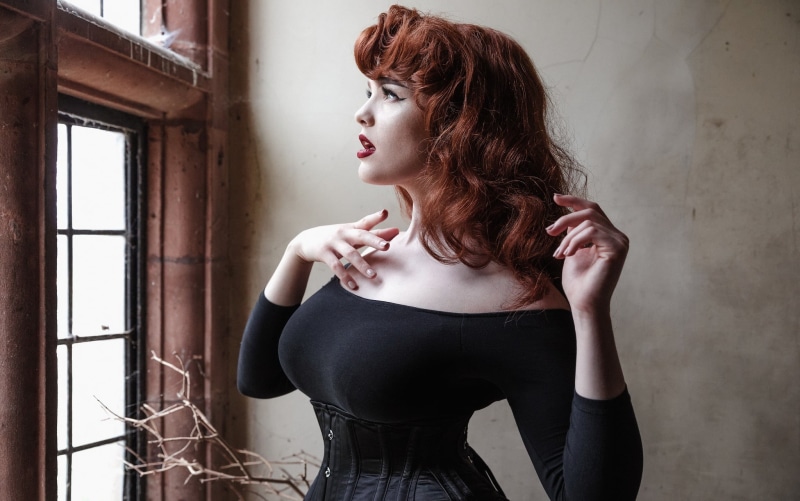 beautiful woman, window, standing, contemplation, corset, portrait, hair, adult, women, 1080P, indoors, young women, hairstyle, long hair, young adult