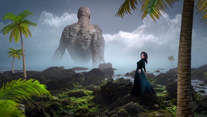 mystical, women, plant, palm trees, stones, young women, outdoors, rock - object, tree, woman, beauty in nature, nature, young adult, surreal, huge, composing