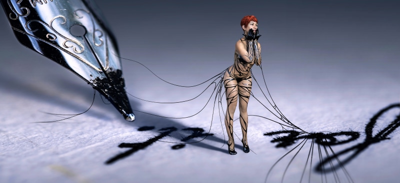 macro, scene, surreal, woman, focus on foreground, nature, fragility, mysterious, office, letters, girl, photomontage, one animal, black, table, insect
