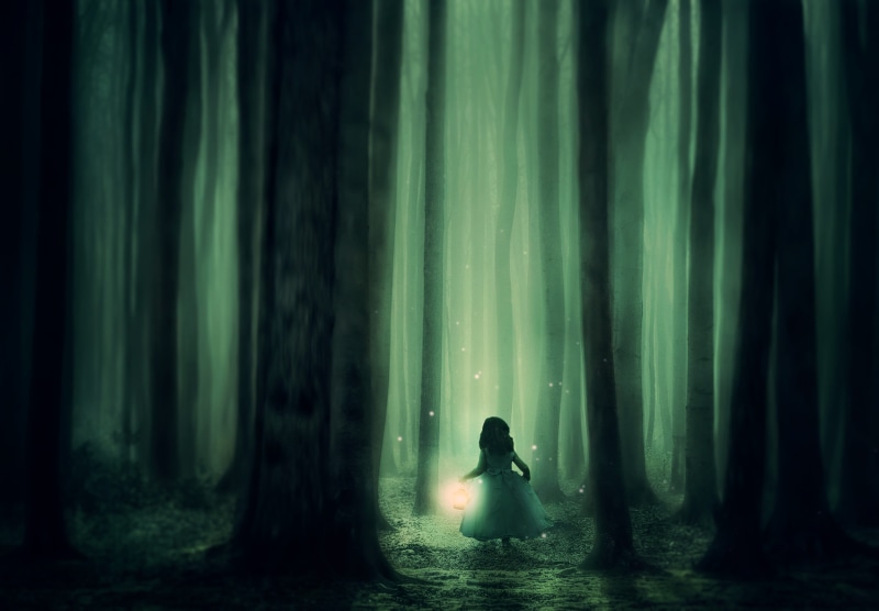 land, girl, dreamlike, tree, trees, idyllic, alone, night, mystical, atmosphere, real people, adventure, lantern, women, child, photomontage, scenics - nature
