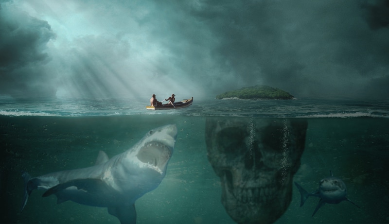 beauty in nature, people, two people, outdoors, sea, island, 5K, mysterious, adventure, photoshop, underwater, swimming, risk, rescue, skull and crossbones
