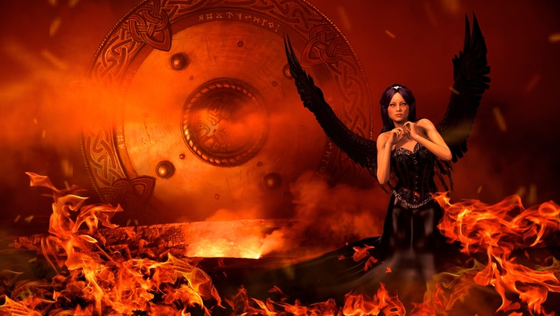 heat, black, mage, smoke - physical structure, orange, fantasy, lava, volcano, flame, sign, beautiful woman, runes, night, one person, fairytale, figure