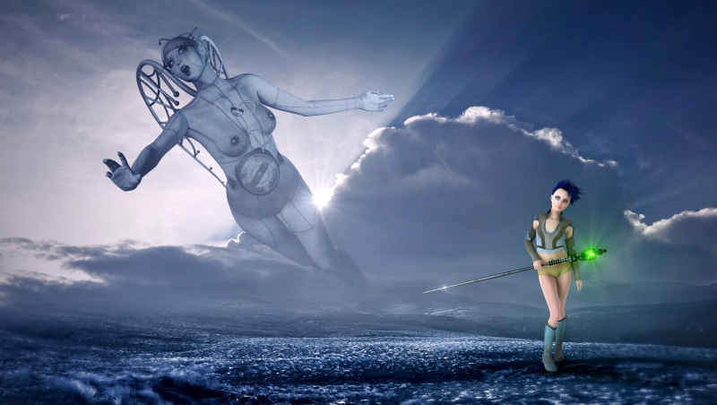 outdoors, adult, light, dreams, adventure, glow, fairy tales, sky, atmospheric, figure, young adult, blue, composing, day, standing, creature, emotion