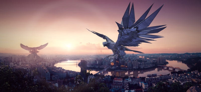 mood, forward, art and craft, river, sunset, cityscape, adler, fantastic, animal themes, silhouette, built structure, gigantic, flying, horizon, backlighting