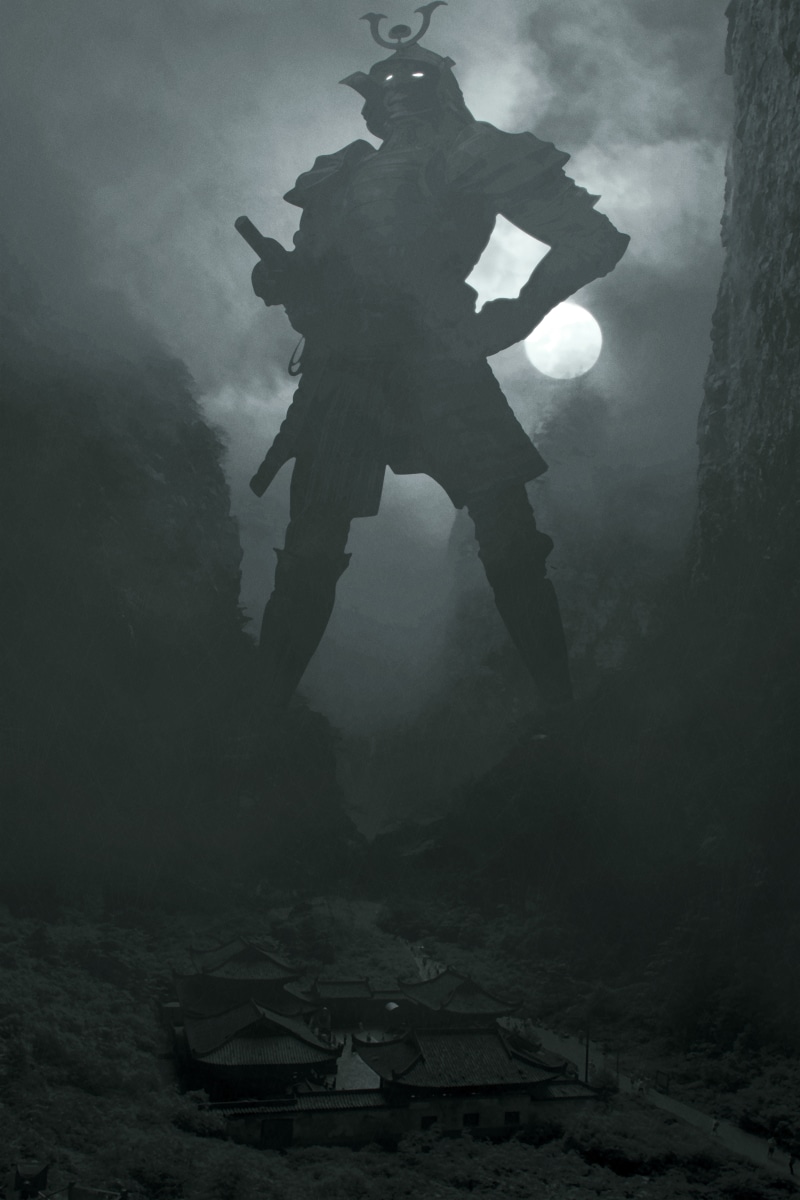atmosphere, gloomy, the past, outdoors, history, standing, samurai, mysterious, mist, day, nature, sky, human representation, fantasy, composing, representation