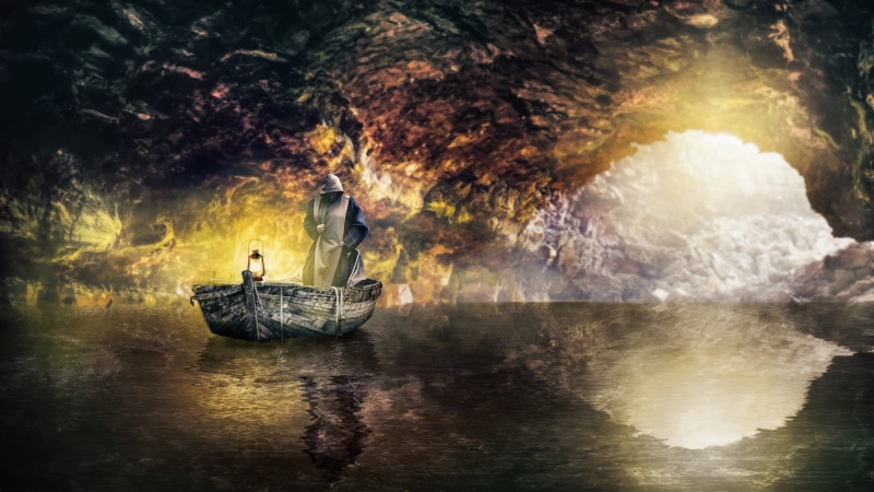 kerosene lamp, ferryman, container, 5K, outdoors, river, mode of transportation, mystical, tree, photomontage, sunlight, fantasy picture, reflection, plant