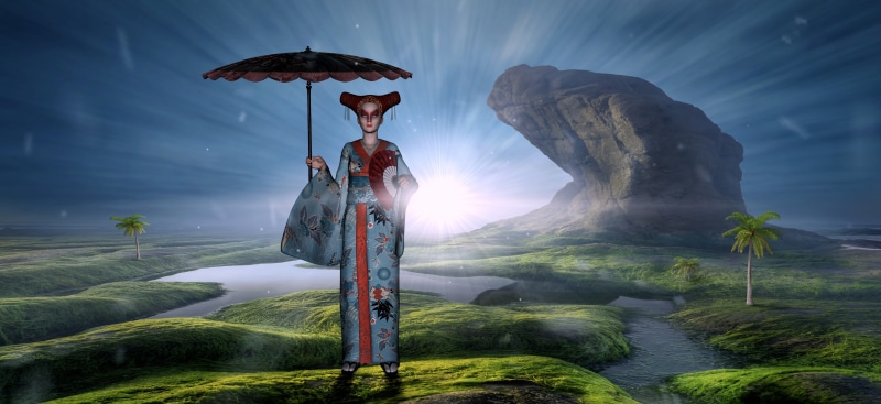 surreal, land, magic, 5K, umbrella, tranquility, screen, tree, light, mysterious, dream world, adult, mystical, landscape, rock, cloud - sky, plant, fee