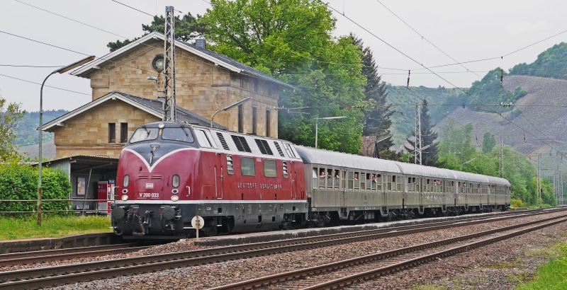 sky, railroad track, v200, mode of transportation, train - vehicle, plant, historically, special crossing, no people, tree, outdoors, railway, vineyards