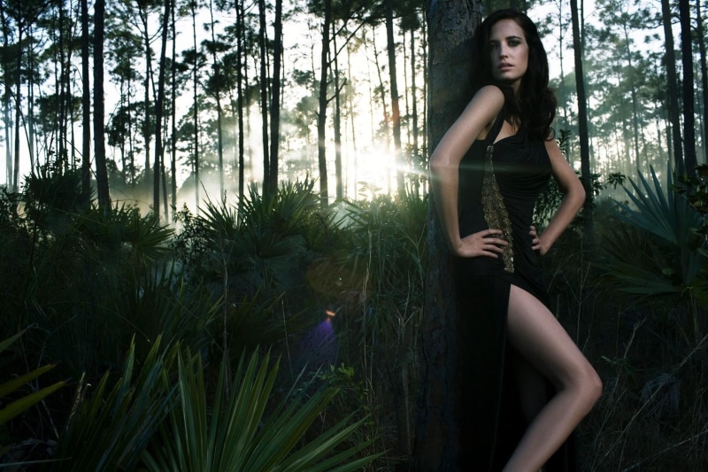 growth, French, forest, looking at camera, contemplation, lifestyles, brunette, plant, Eva Green, dress, hair, hairstyle, fashion, women outdoors, land