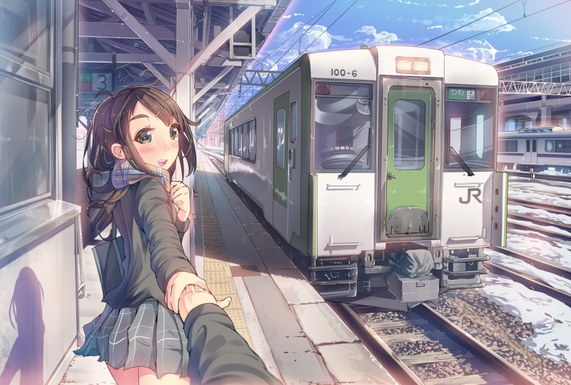 original characters, one person, adult, railroad track, railroad station, scarf, railroad station platform, women, real people, artwork, train, train - vehicle