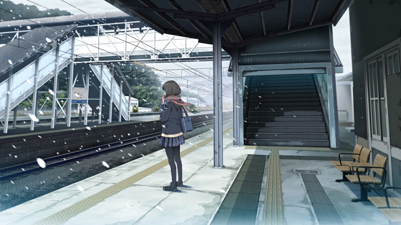 school uniform, 1080P, anime, short hair, anime girls, train station, snowing, scarf
