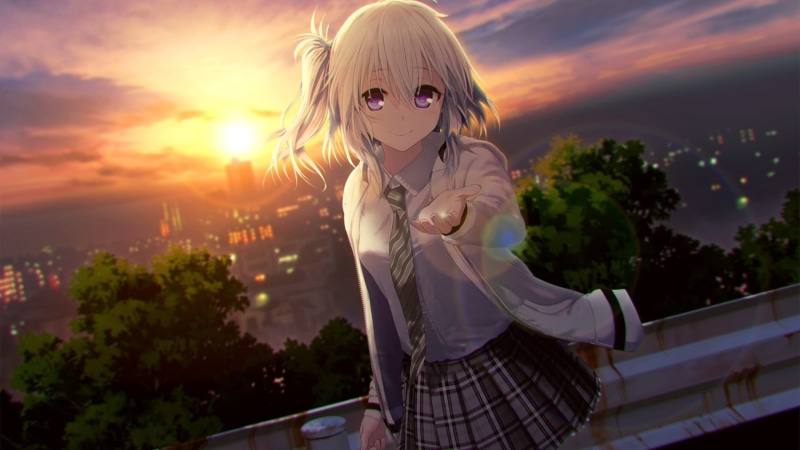 720P, purple eyes, anime, sunset, short hair, smiling, visual novel, school uniform, anime girls, white hair
