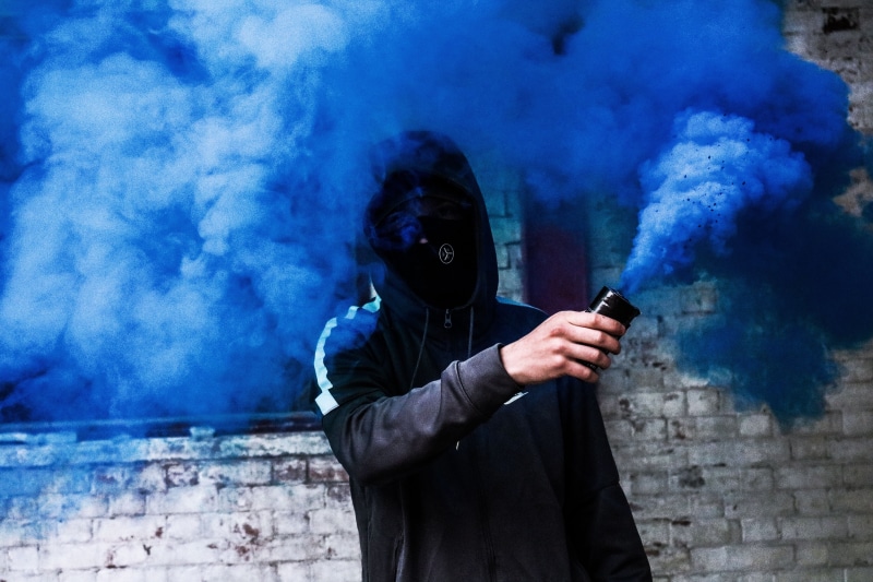 ominous, conflict, dark, urban, sign, one person, art, hood - clothing, mask, uk, threats, creative, flare, using, 5K, abstract, coloured smoke, fire