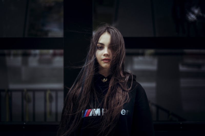 brown hair, city, bmw, black, hoodie, hairstyle, hooded, casual clothing, teenager, pullover, wearing, beautiful woman, portrait, contemplation, young women