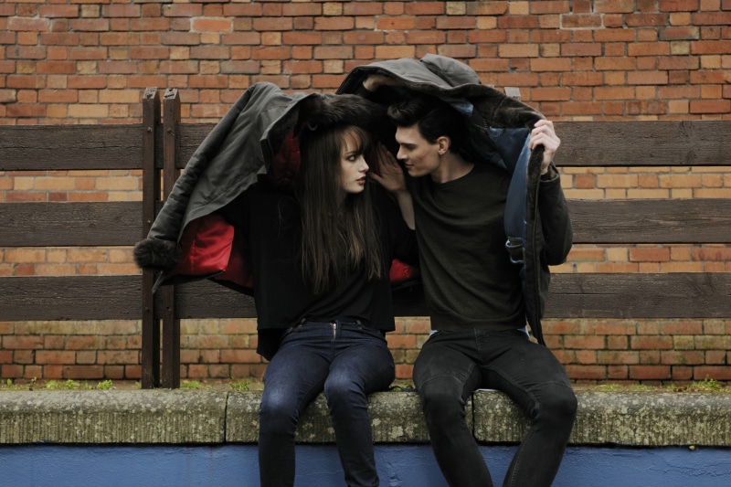 man, wall - building feature, sitting, sadness, love, wet, real people, couple, casual Clothing, concrete, young Women, emotion, 5K, men, relationship