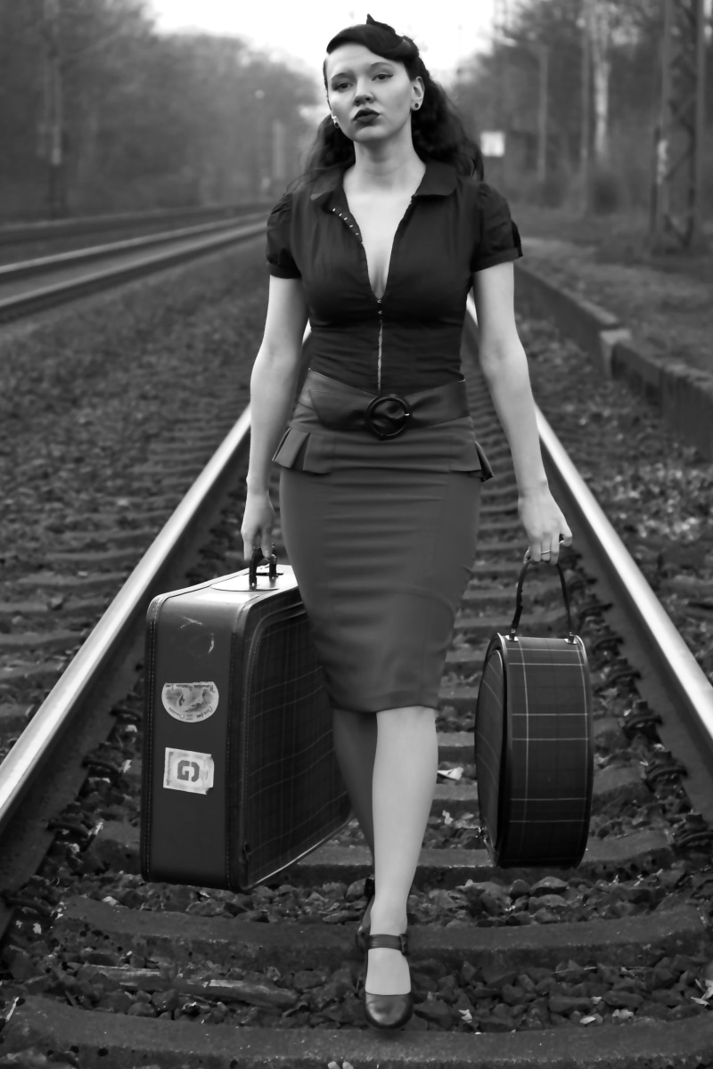 photograph, photography, monochrome, adult, nostalgic, vintage, sw, young women, beautiful woman, two, railway station, photo, black and white, one person