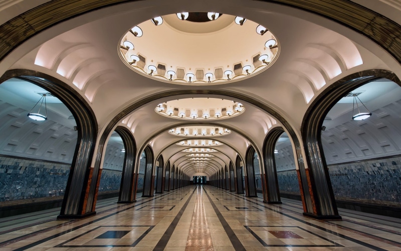 Symmetry, 1080P, Lights, Train Station, Metro, Arch, tiles, architecture, russia, Moscow, circle