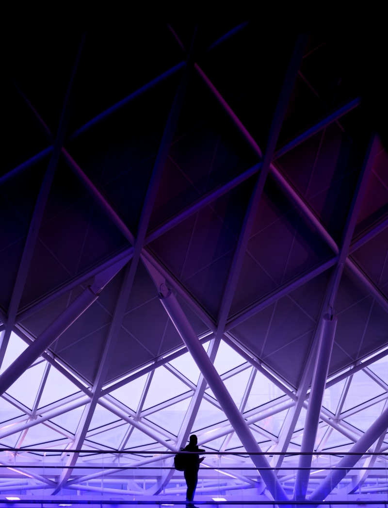 abstract, cieling, transportation, low angle view, silhouette, window, person, handrail, station, street, ceiling, triangle, night, 5K, architectural feature