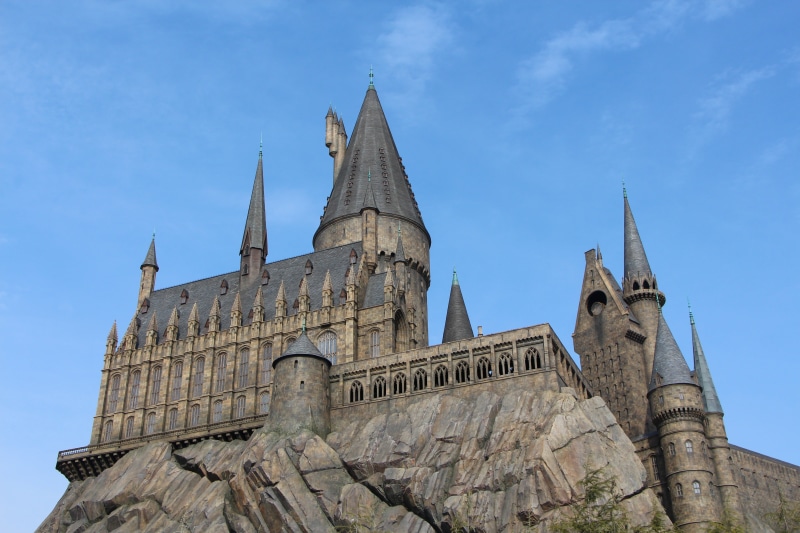 blue, 5K, no people, the past, built structure, play garden, brown, spire, harry potter, religion, low angle view, hogwarts, universal studios japan, spirituality