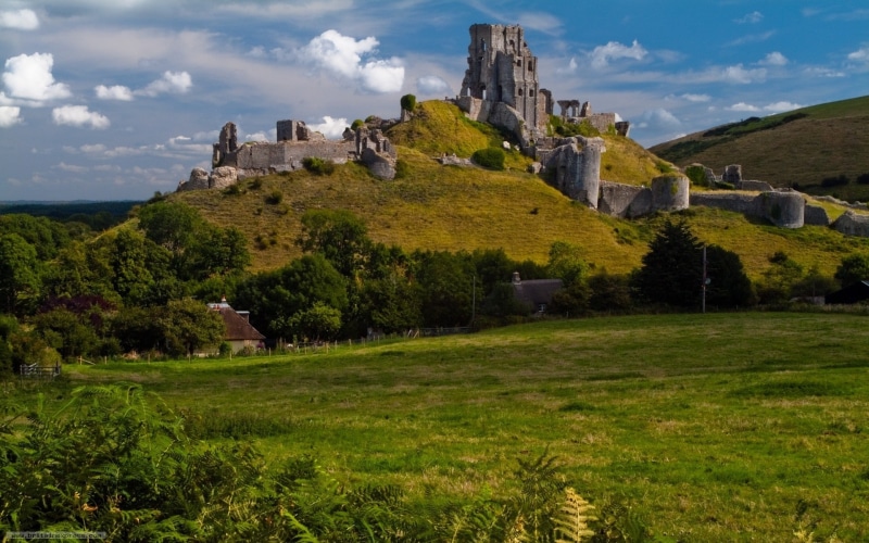 1080P, tree, castle, hills, built structure, scenics - nature, landscape, land, England, building exterior, grass, UK, environment, ruin, sky, field, ancient