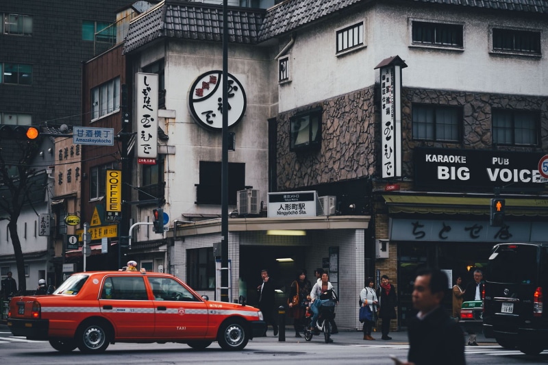720P, street, taxi, walking, Takashi Yasui, Japan, Asian architecture, cityscape, Asia