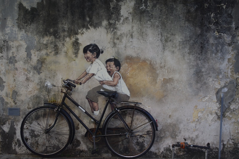 bicycle, asia, males, mode of transportation, transportation, people, bike, two people, family, togetherness, black, wall - building feature, boys, street art