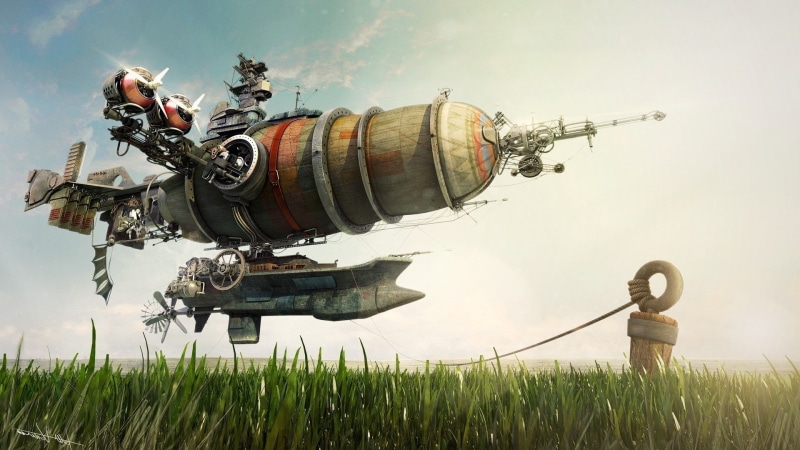 air vehicle, mode of transportation, 1080P, outdoors, lens flare, land, no people, transportation, tranquility, nature, day, water, sunlight, flying, digital art nature landscape grass field machine zeppelin gears turbines technology steampunk steampunk airship artwork wheels ropes floating propeller sunlight
