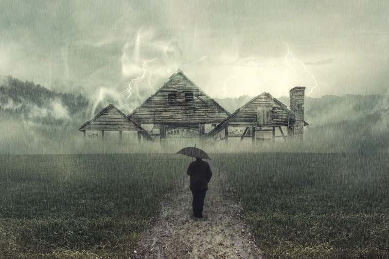 gloomy, uncomfortable, nature, downpour, rear view, grass, weather, flash, composing, thunderstorm, woman, land, clouds, building, house, background, landscape
