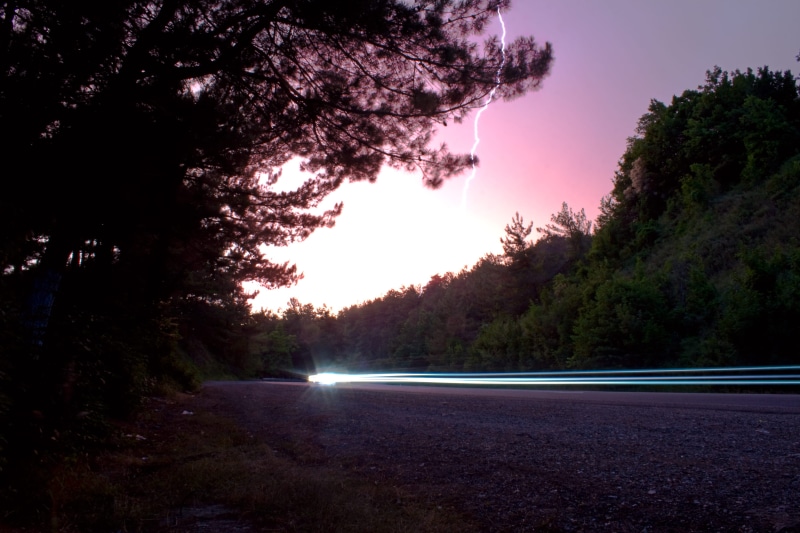 light, plant, purple, road, 2K, tree, blue, stormy, no people, scenics - nature, force, strike, rainstorm, outdoors, tranquility, shock, electrical, tranquil scene