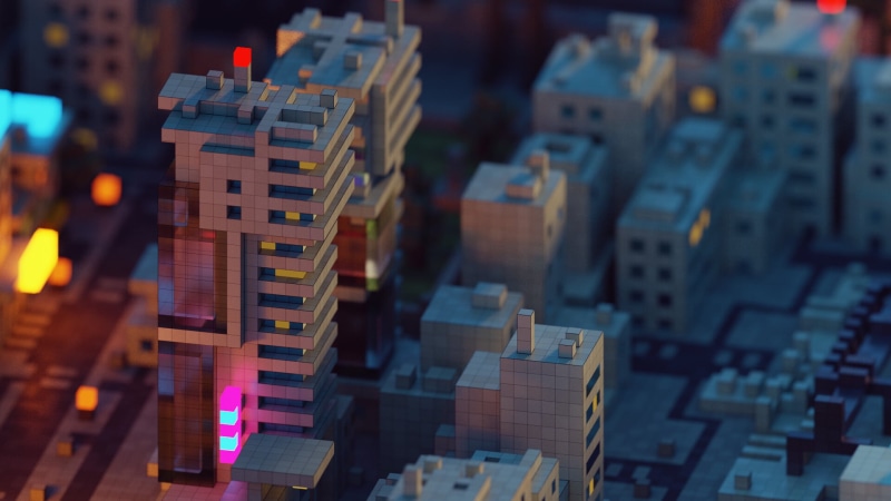 vaporwave, tilt shift, urban, neon, landscape, 1080P, voxels, Blade Runner