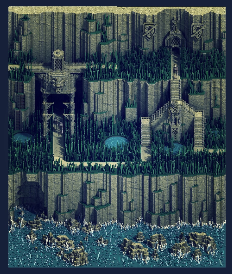 digital art, pixelated, sea, 3D, 1080P, pixel art, artwork, rock, stairs, voxels, cliff