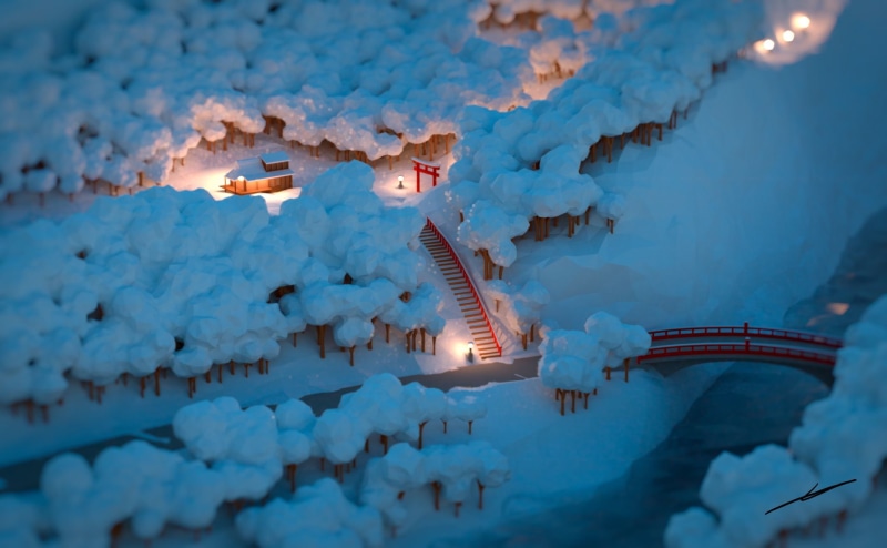 winter, December (Month), river, train, low poly, snow, 1080P, Japan, landscape, voxels, forest