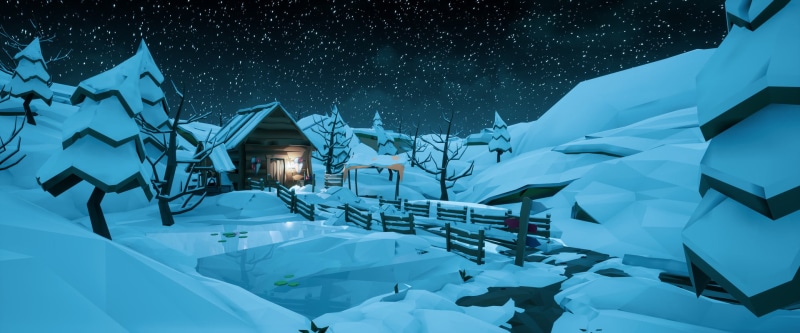 digital, cabin, animation, winter, snow, 1080P, voxels, Christmas, stars, night, low poly