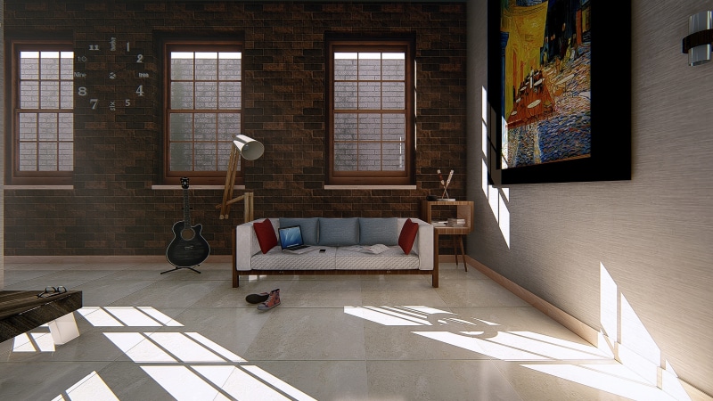 brick wall, lighting, 3d modeling, day, hipster, architecture, technology, table, room, porcelain, sketchup, flooring, render, design, business, inside