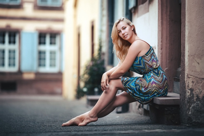 barefoot, outdoors, 1080P, full length, portrait, urban, one person, women, haute couture, legs, city, fashion model, fashion, adult, young adult, hair