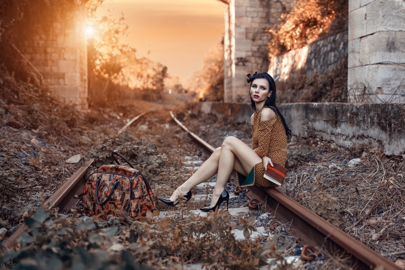 hair, long hair, women, young adult, sky, fashion, sitting, outdoors, lifestyles, railway, beautiful people, Alessandro Di Cicco, fashion model, architecture