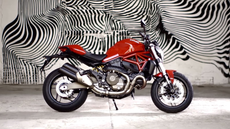 wheel, Ducati Monster 821, helmet, striped, stationary, Ducati, red, 1080P, scooter, motorcycle, day, stripes, land vehicle, pattern, mode of transportation