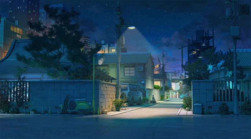 night, street light, trees, Japan, anime, motorcyclist, plants, house, street, 1080P, sky, clouds